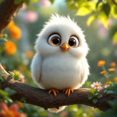 The primary subject of the image is a small, cute, and fluffy white owl sitting on a tree branch. The setting is a lush, colorful garden with flowers surrounding the owl. The visual style is a digital art illustration, giving the image a vibrant and whimsical appearance. The colors and mood are predominantly warm and cheerful, with the owl being the focal point of the scene.